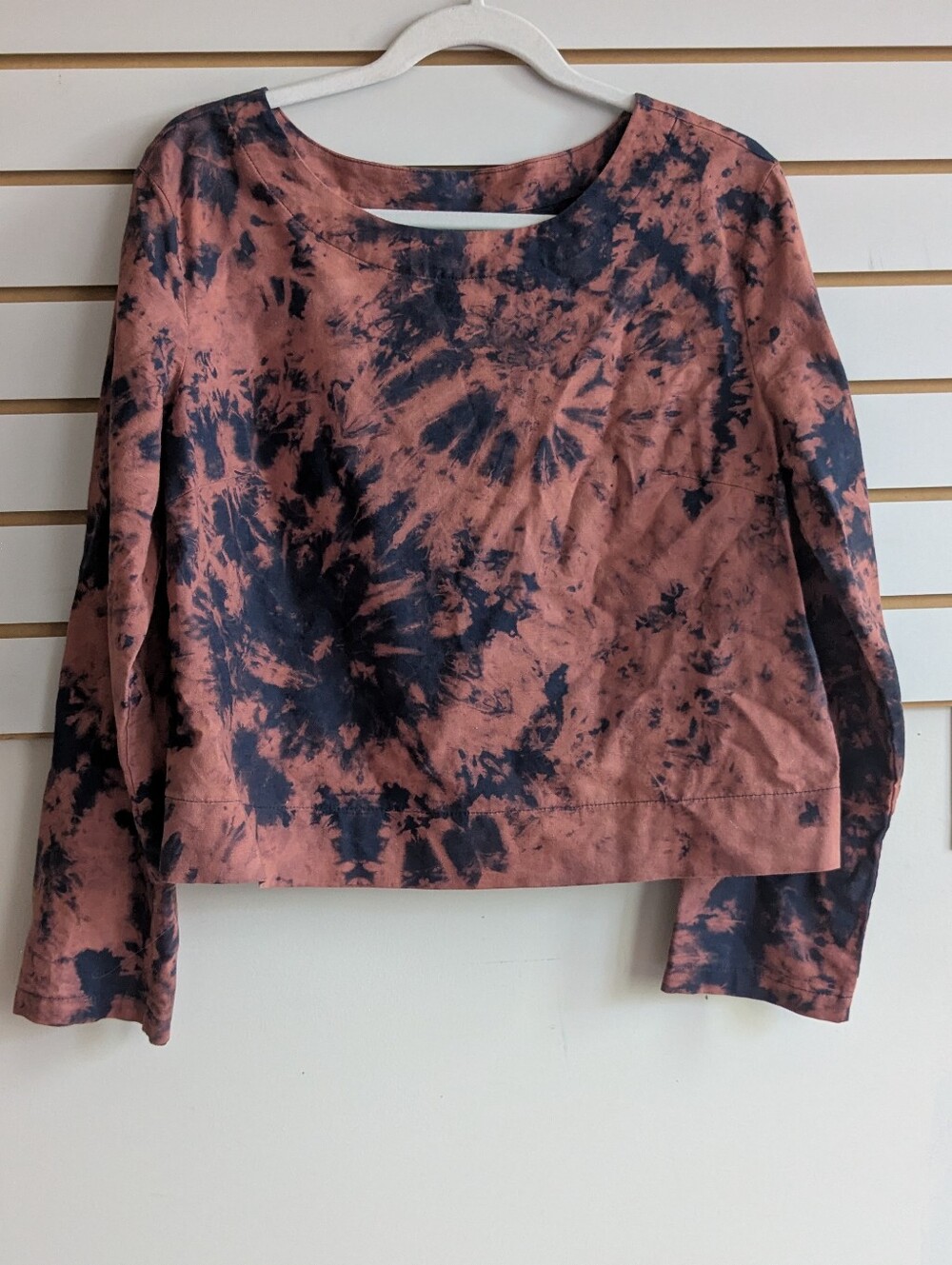 New linen Cotton Tie-Dye Long Sleeve Crop Top - Rust/Black Size Small